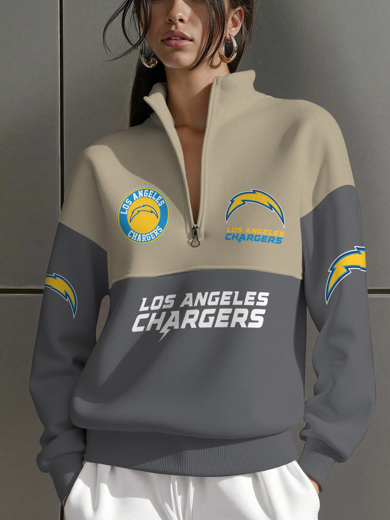 Los Angeles Chargers Women Plain Color Zip Up Long Sleeve Sweatshirt