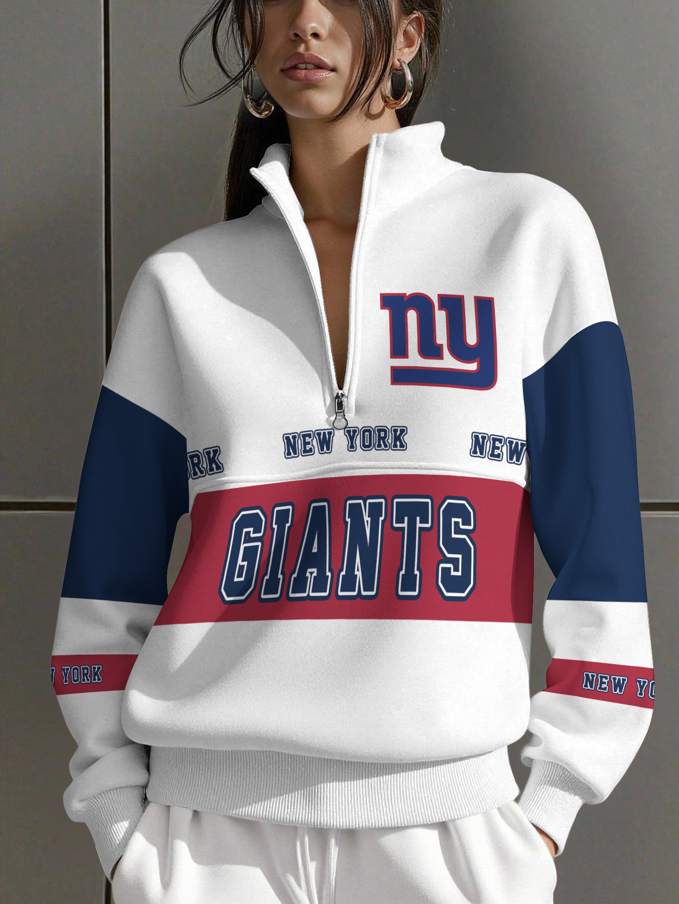 New York Giants  Women Plain Color Zip Up Long Sleeve Sweatshirt