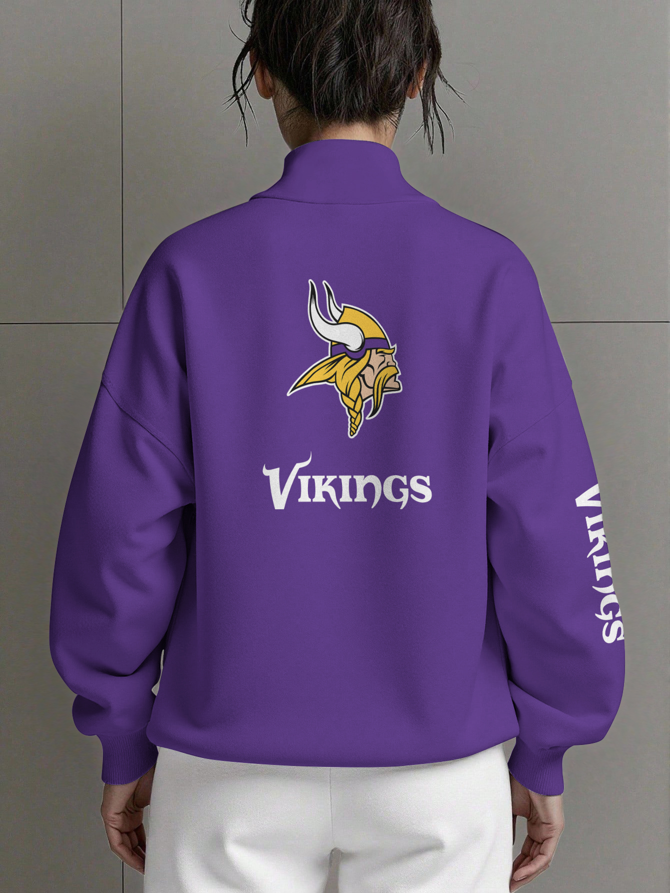 Minnesota Vikings Women Plain Color Zip Up Long Sleeve Sweatshirt