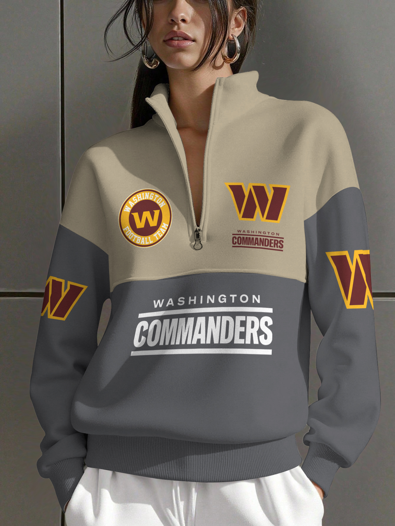 Washington Commanders Women Plain Color Zip Up Long Sleeve Sweatshirt