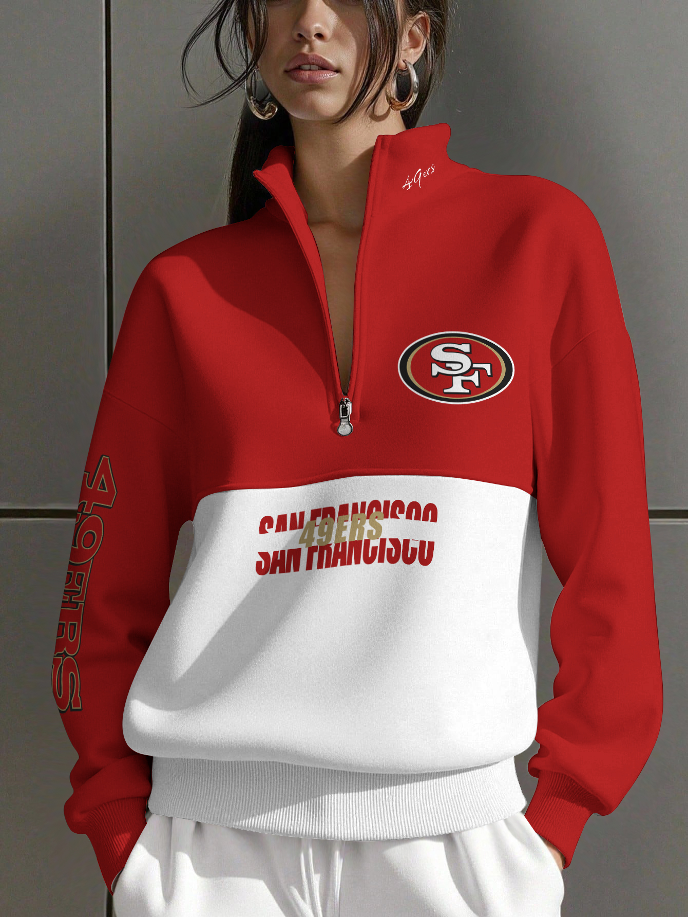 San Francisco 49ers   Women Plain Color Zip Up Long Sleeve Sweatshirt
