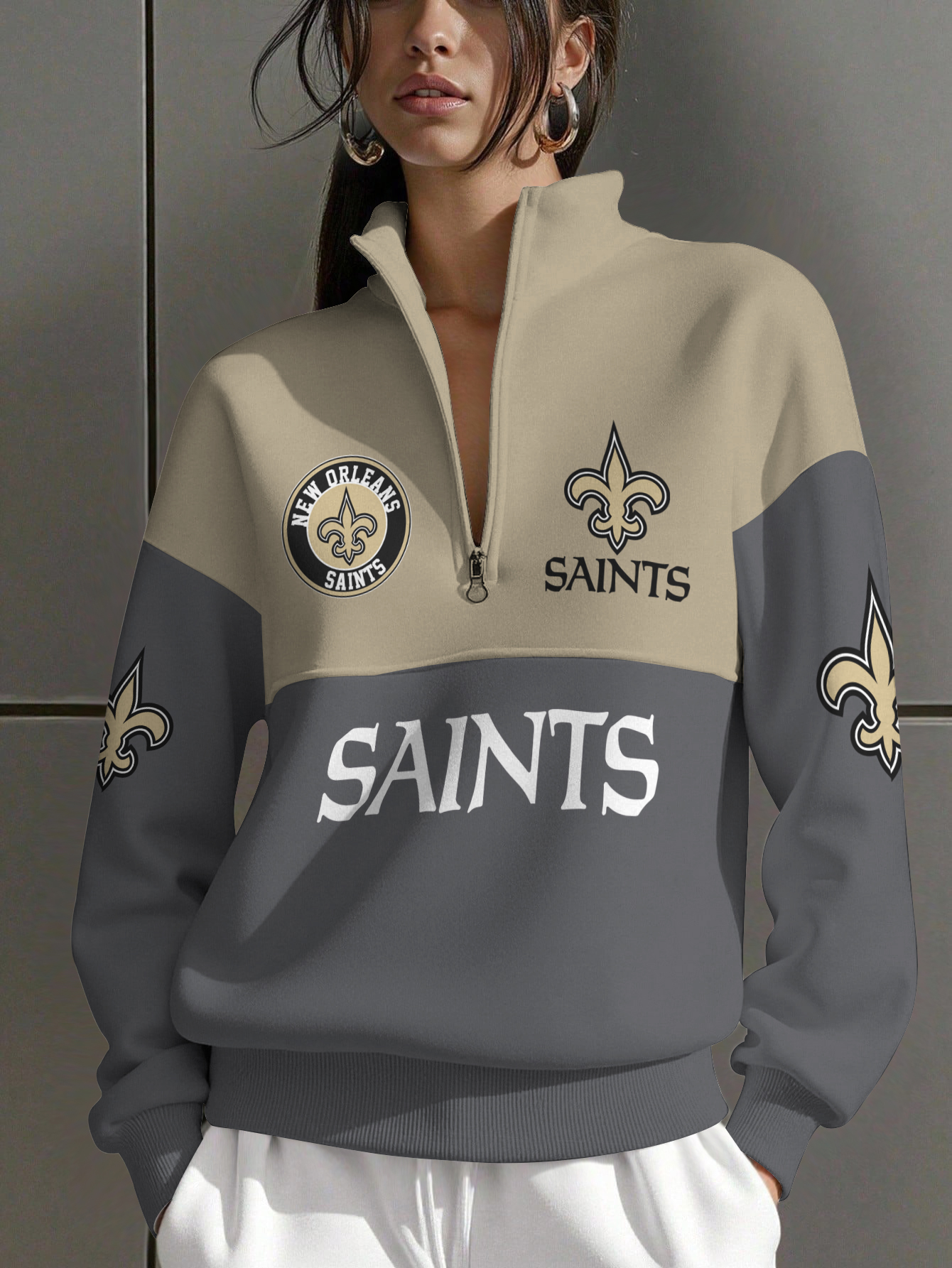 New Orleans Saints  Women Plain Color Zip Up Long Sleeve Sweatshirt
