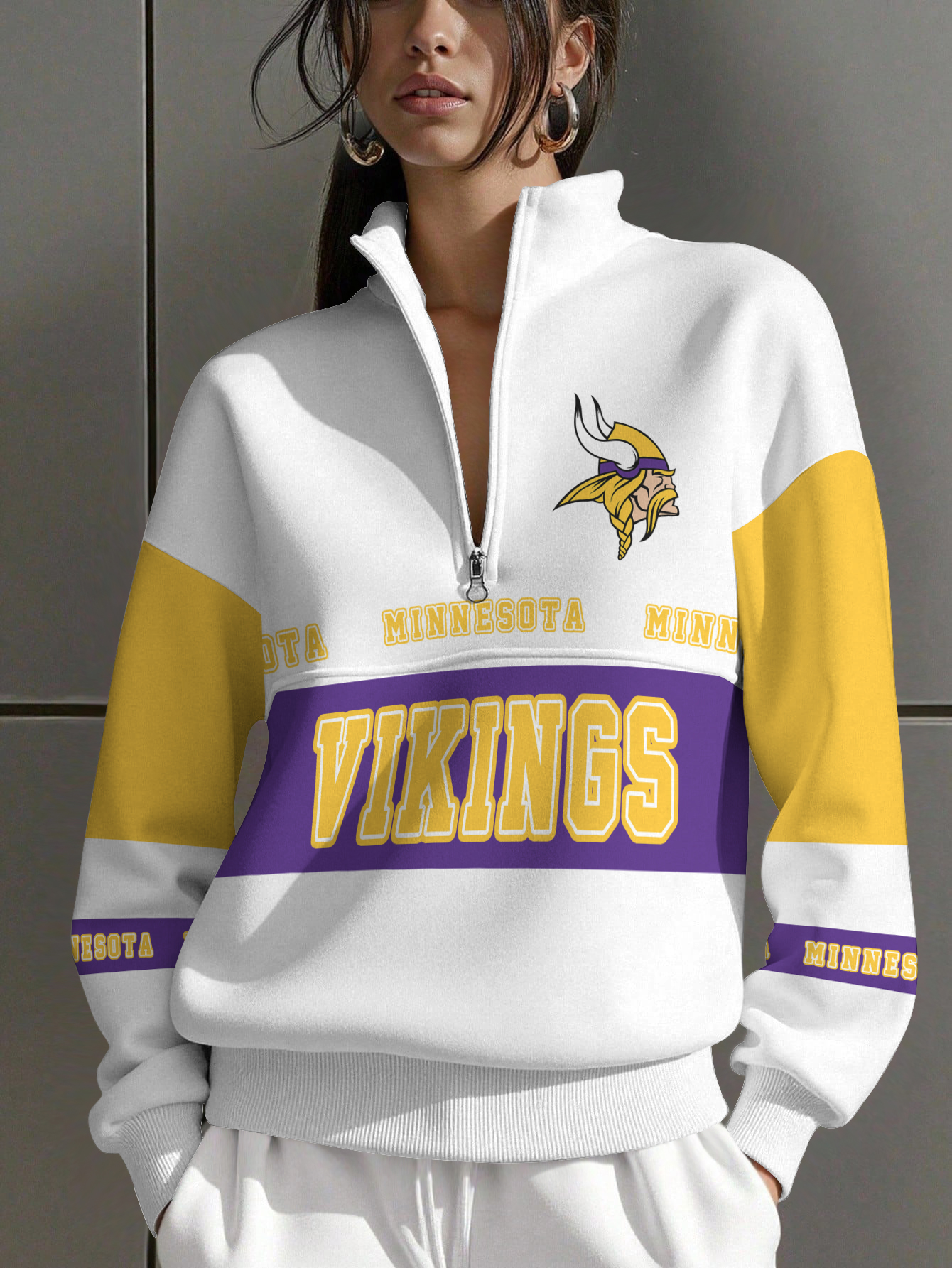 Minnesota Vikings  Women Plain Color Zip Up Long Sleeve Sweatshirt
