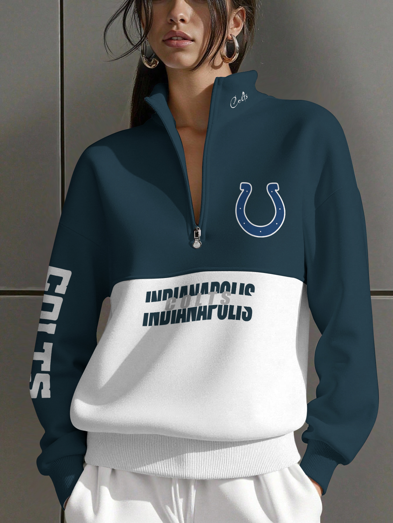 Indianapolis Colts  Women Plain Color Zip Up Long Sleeve Sweatshirt