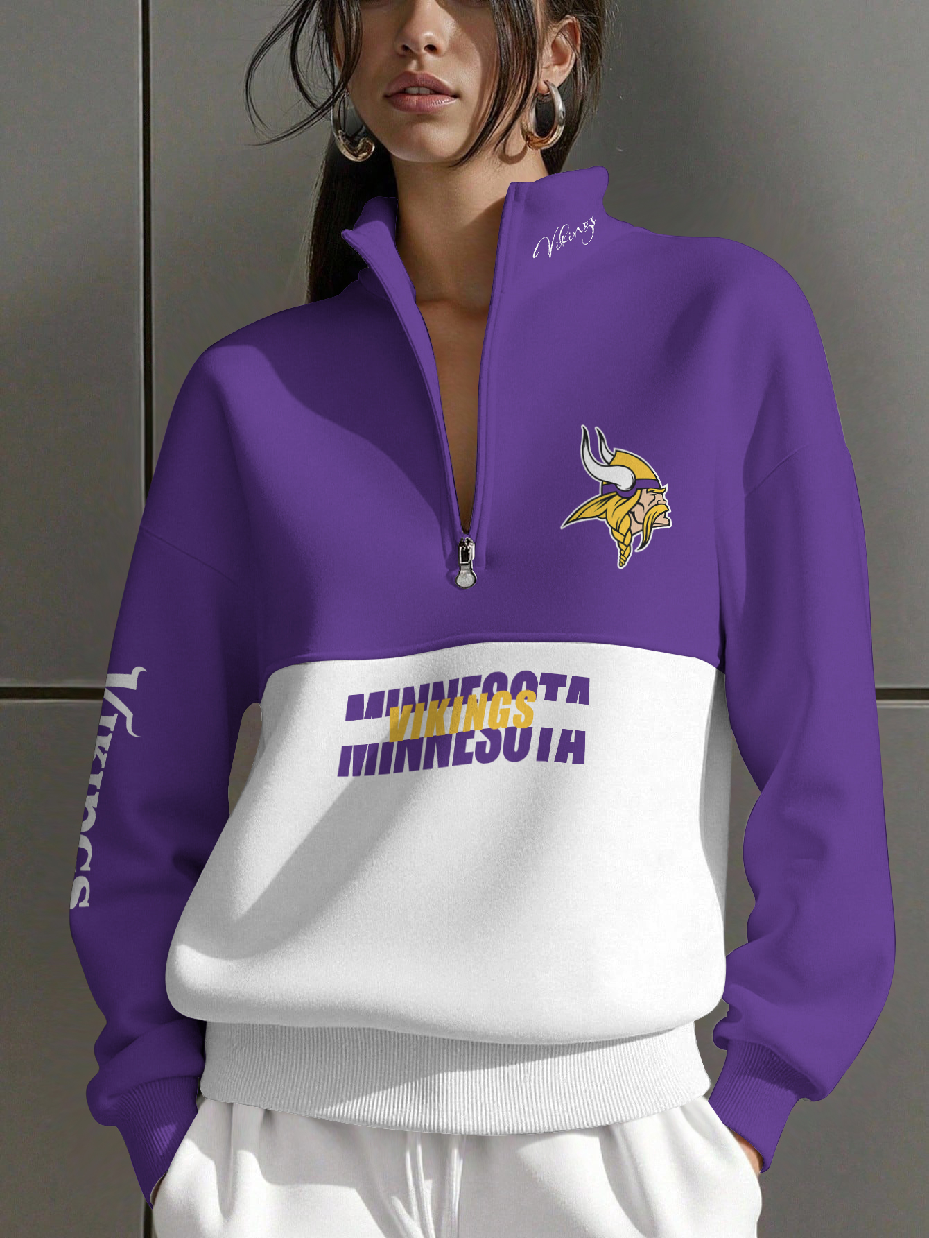 Minnesota Vikings Women Plain Color Zip Up Long Sleeve Sweatshirt