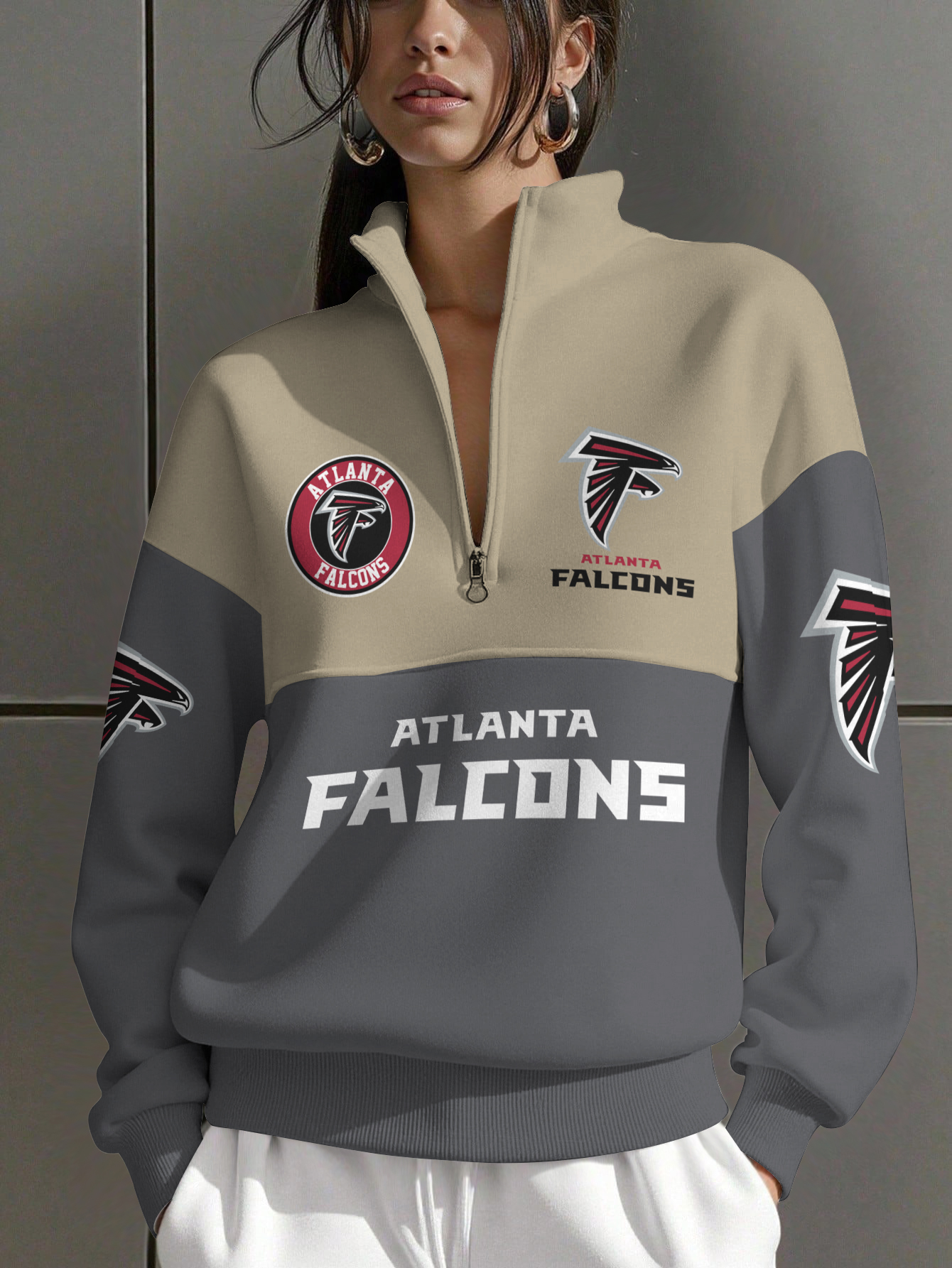 Atlanta Falcons  Women Plain Color Zip Up Long Sleeve Sweatshirt
