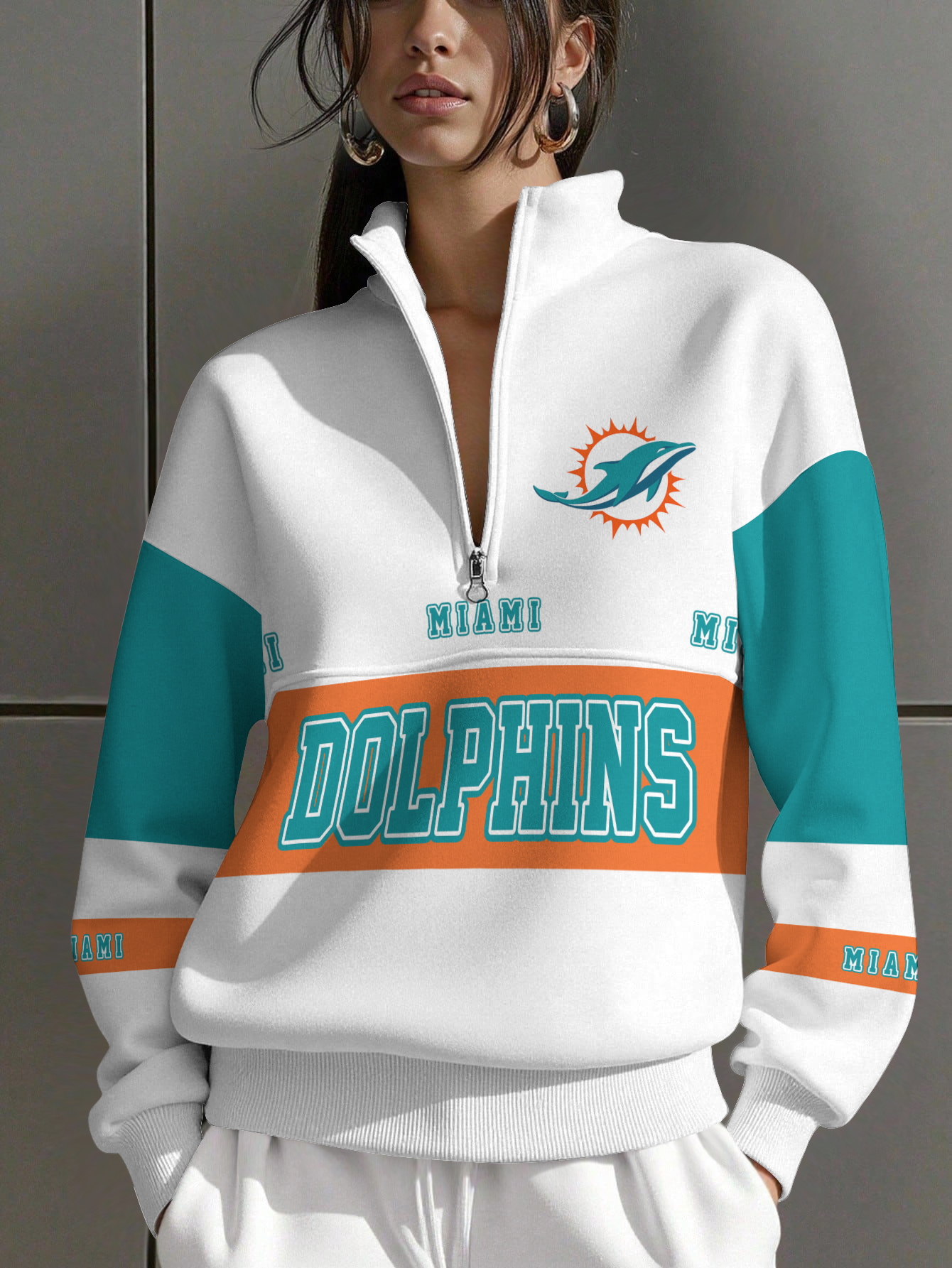 Miami Dolphins  Women Plain Color Zip Up Long Sleeve Sweatshirt