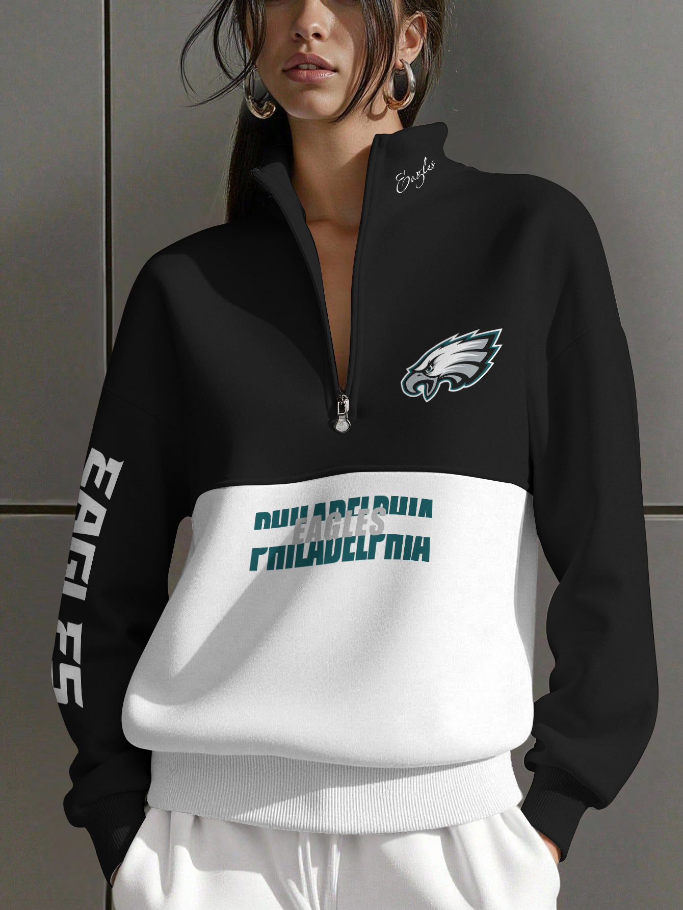 Philadelphia Eagles   Women Plain Color Zip Up Long Sleeve Sweatshirt