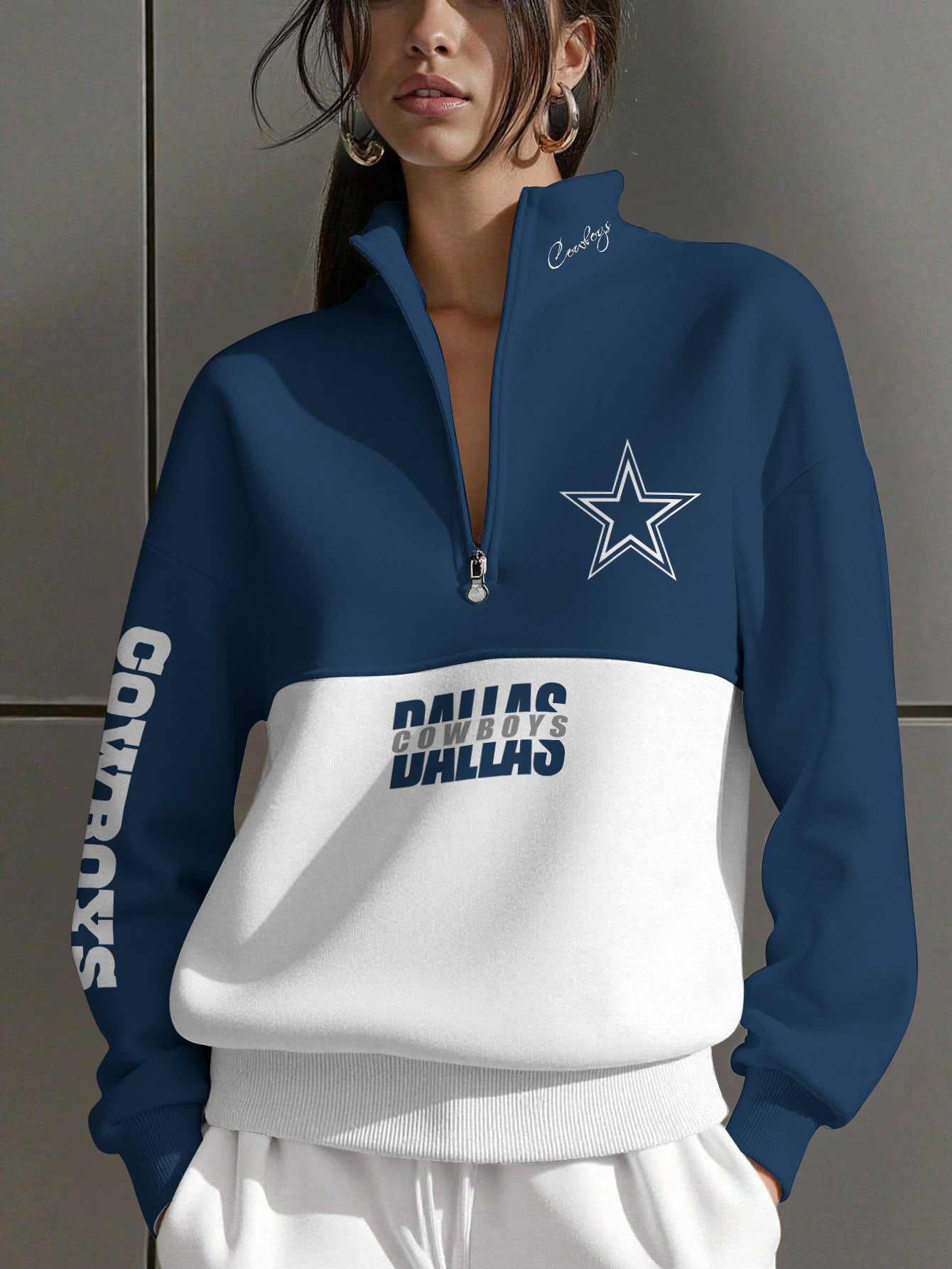 Dallas Cowboys  Women Plain Color Zip Up Long Sleeve Sweatshirt