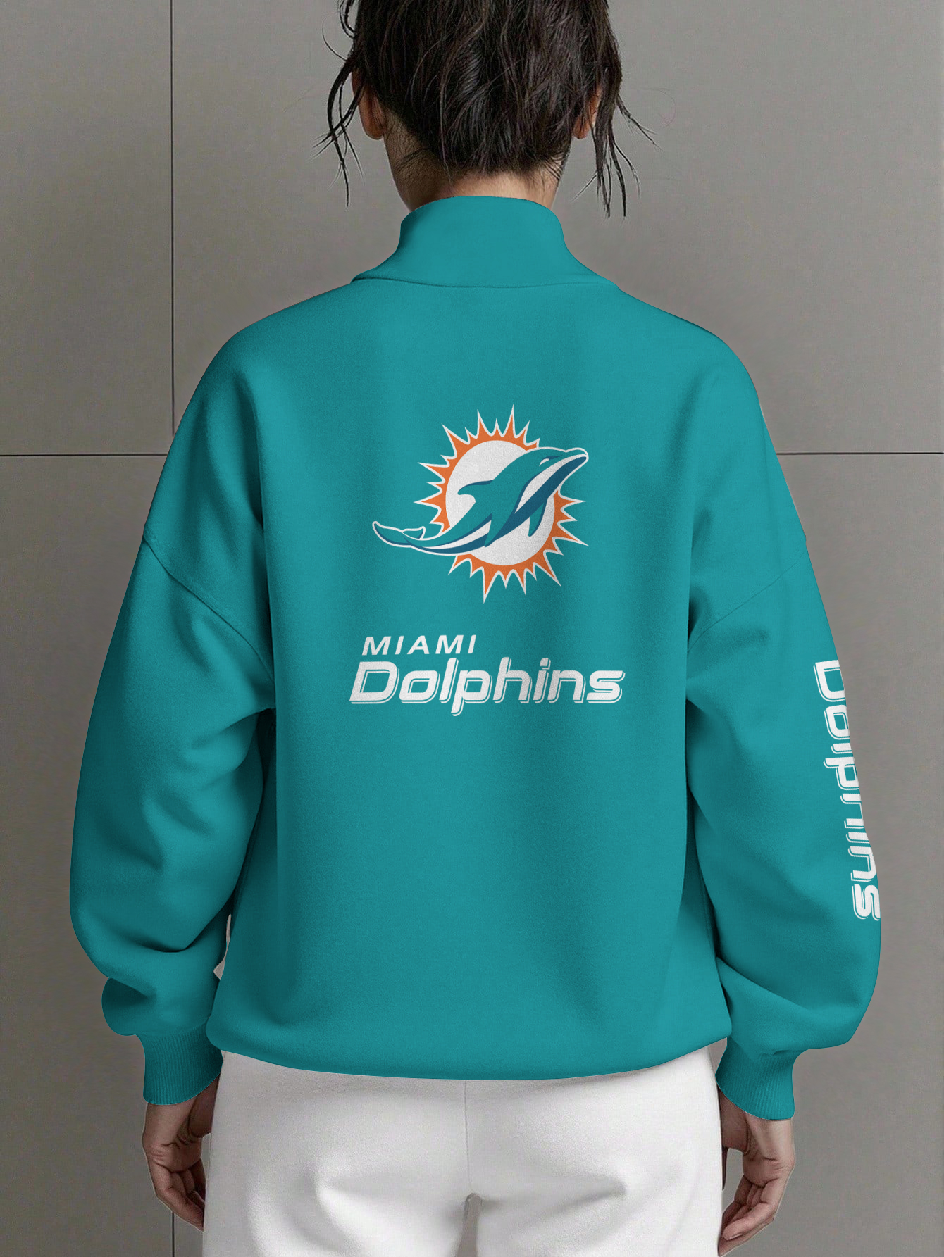 Miami Dolphins Women Plain Color Zip Up Long Sleeve Sweatshirt