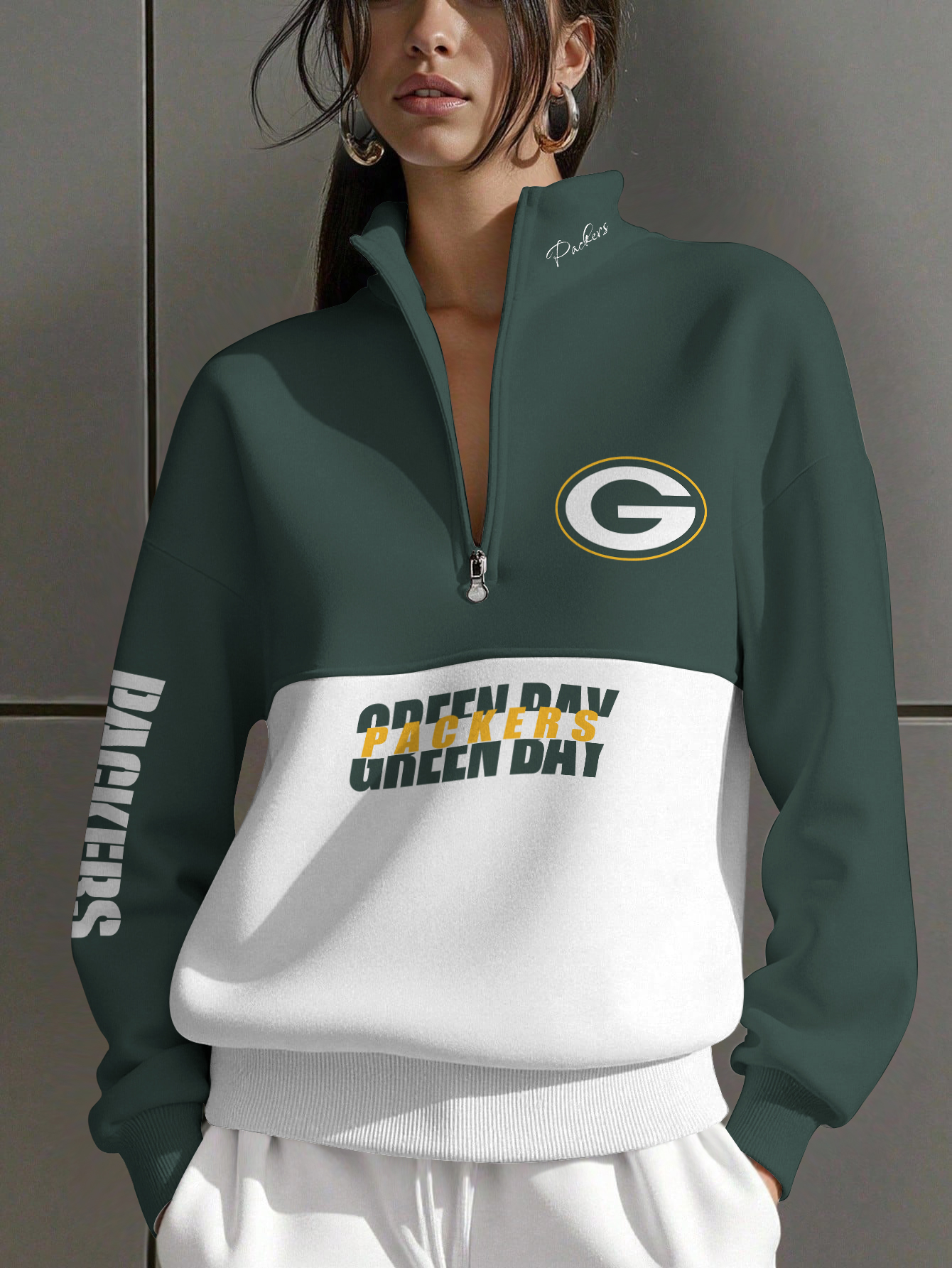 Green Bay Packers  Women Plain Color Zip Up Long Sleeve Sweatshirt
