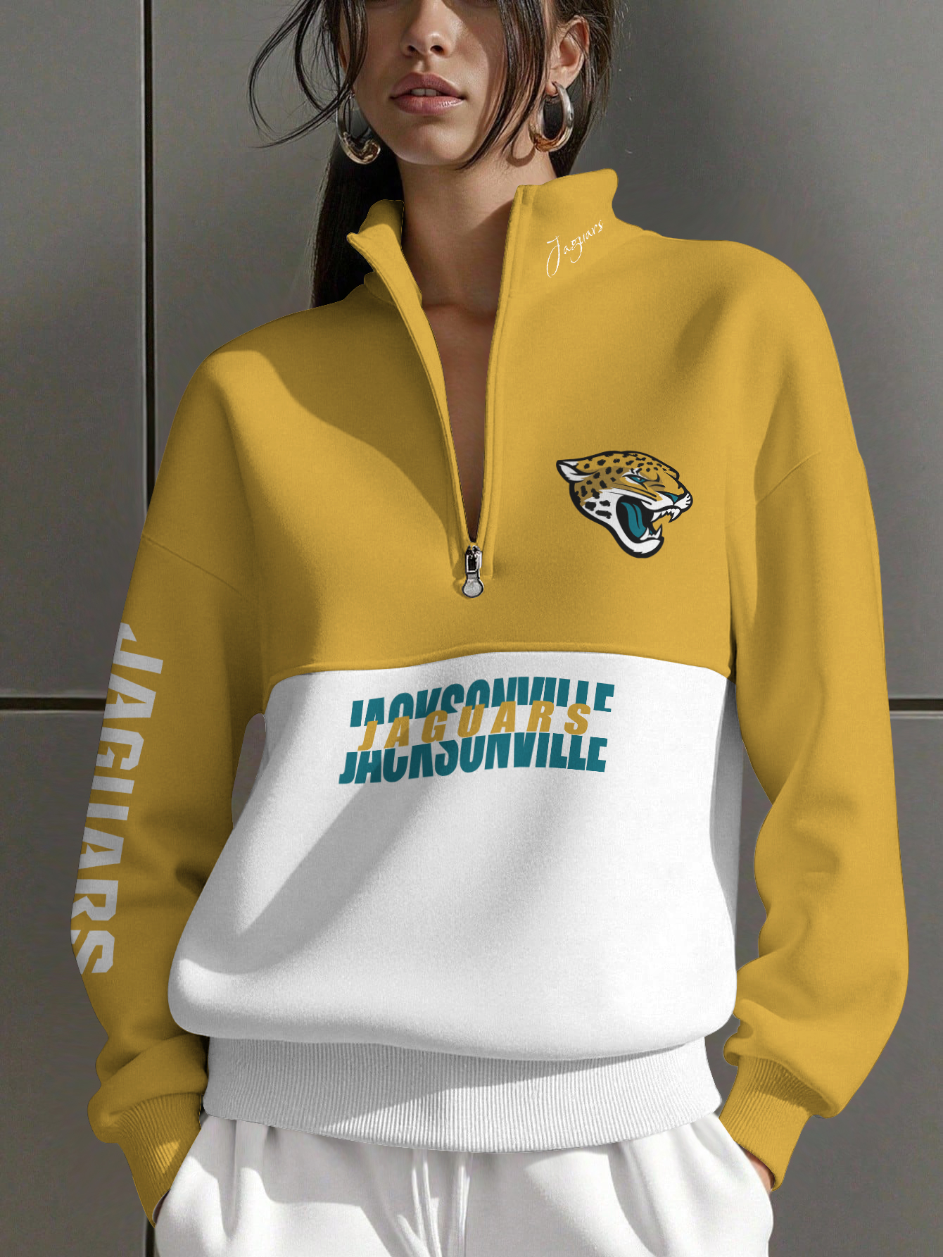Jacksonville Jaguars Women Plain Color Zip Up Long Sleeve Sweatshirt