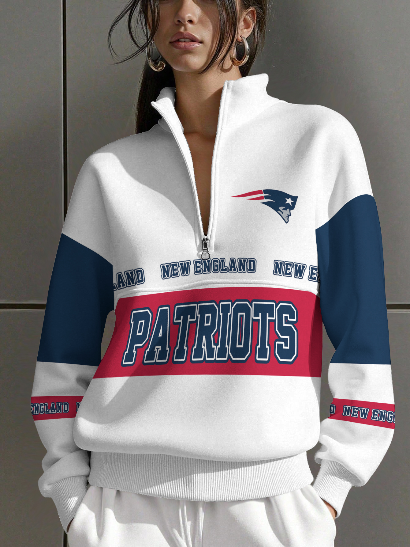 New England Patriots  Women Plain Color Zip Up Long Sleeve Sweatshirt