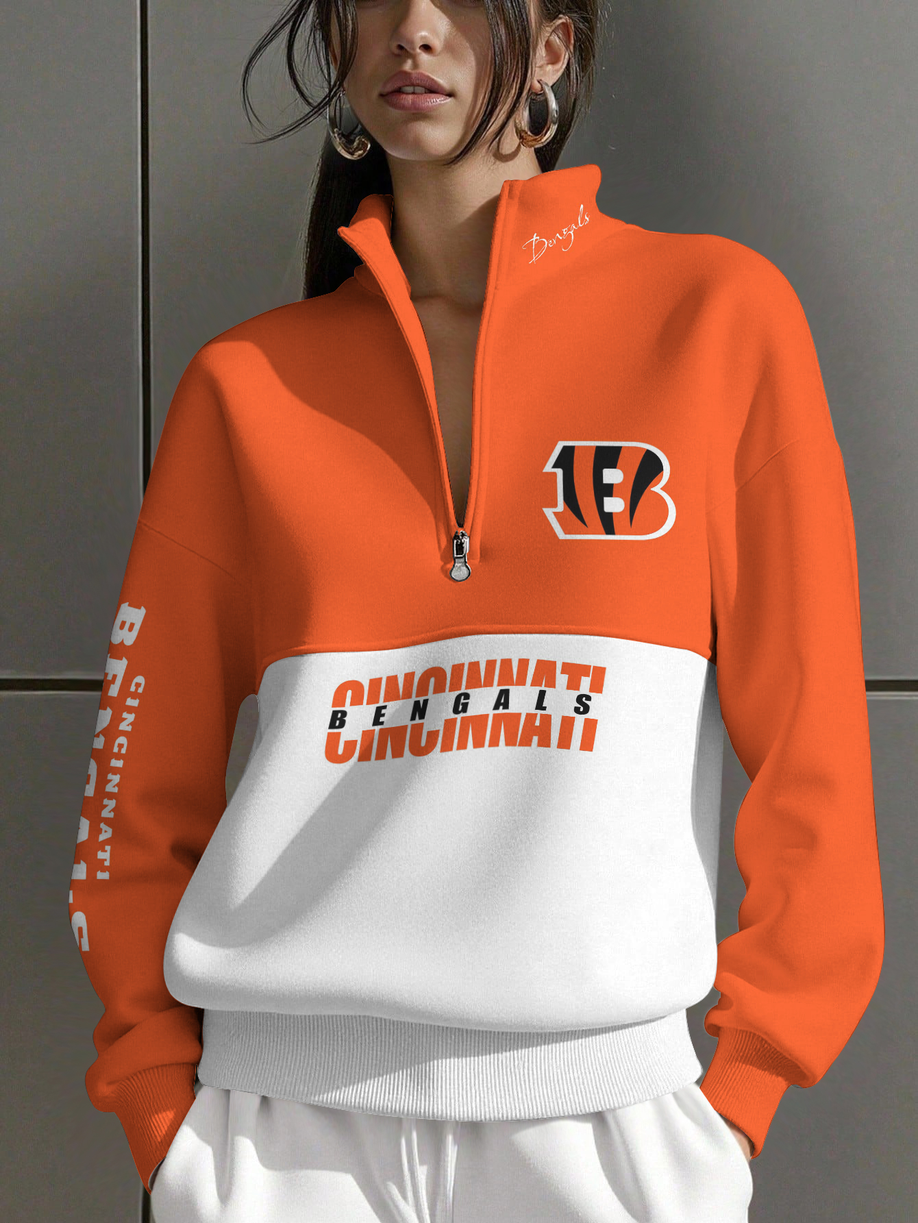 Cincinnati Bengals  Women Plain Color Zip Up Long Sleeve Sweatshirt