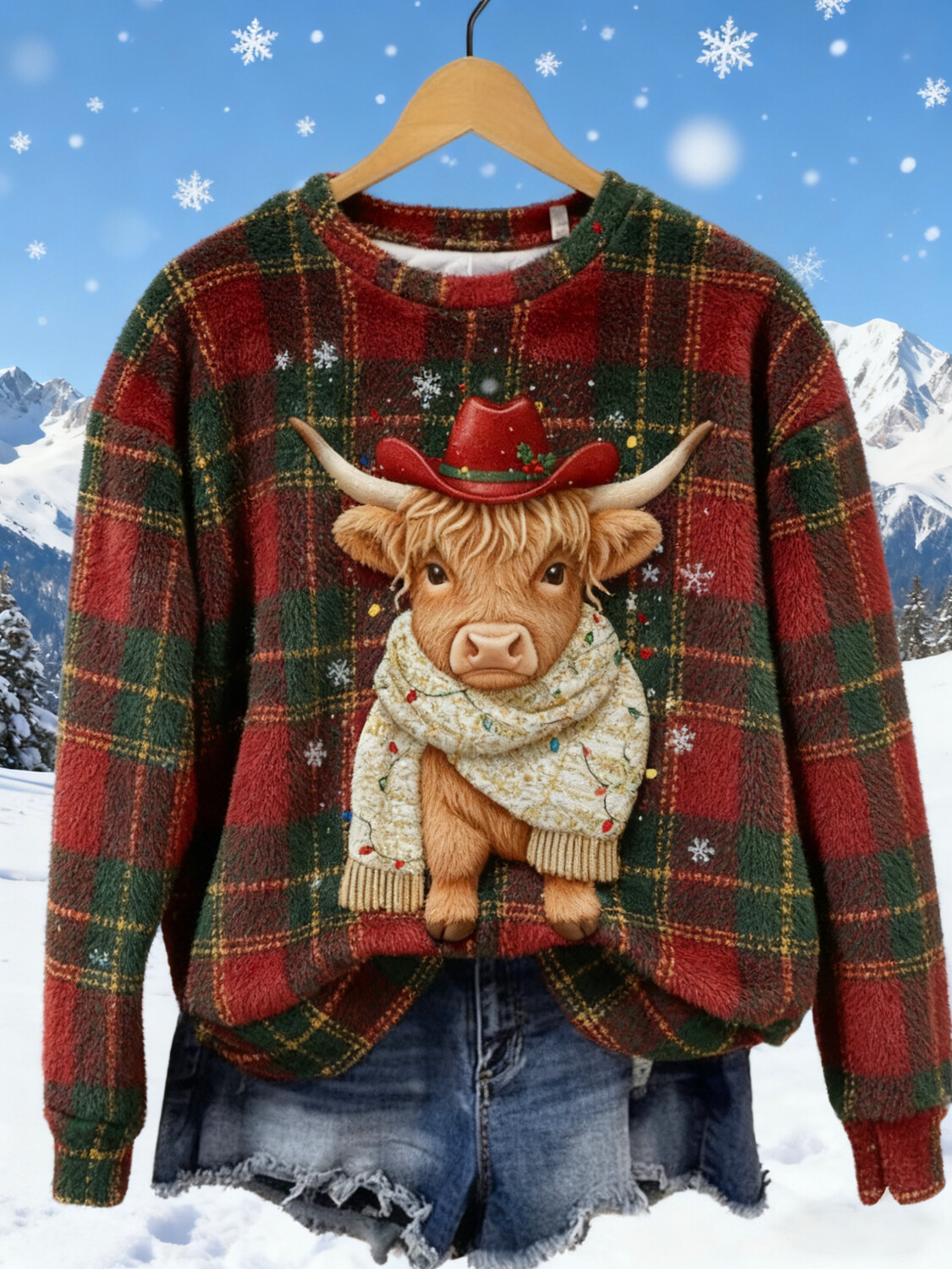 Women's Christmas Cowboy Cow Plaid Print Flannel Sweatshirt