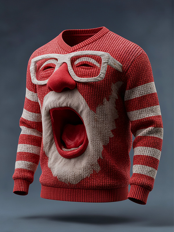 Men'S Funny And Exaggerated Santa Claus Face Print Knit Sweatshirt
