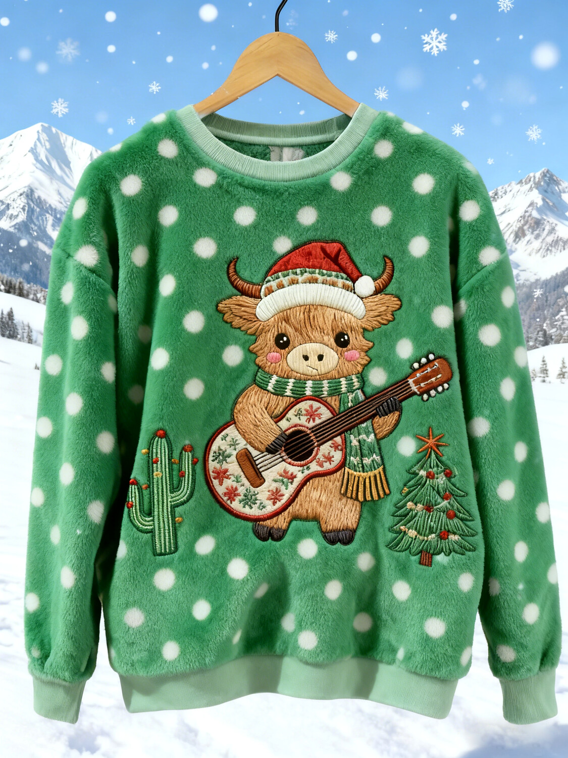 Women's Christmas Cow Playing Guitar Polka Dot Print Flannel Sweatshirt