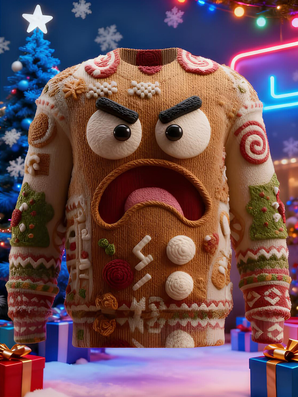 Men's Angry Gingerbread Man Christmas Tree Art Print Knit Sweatshirt