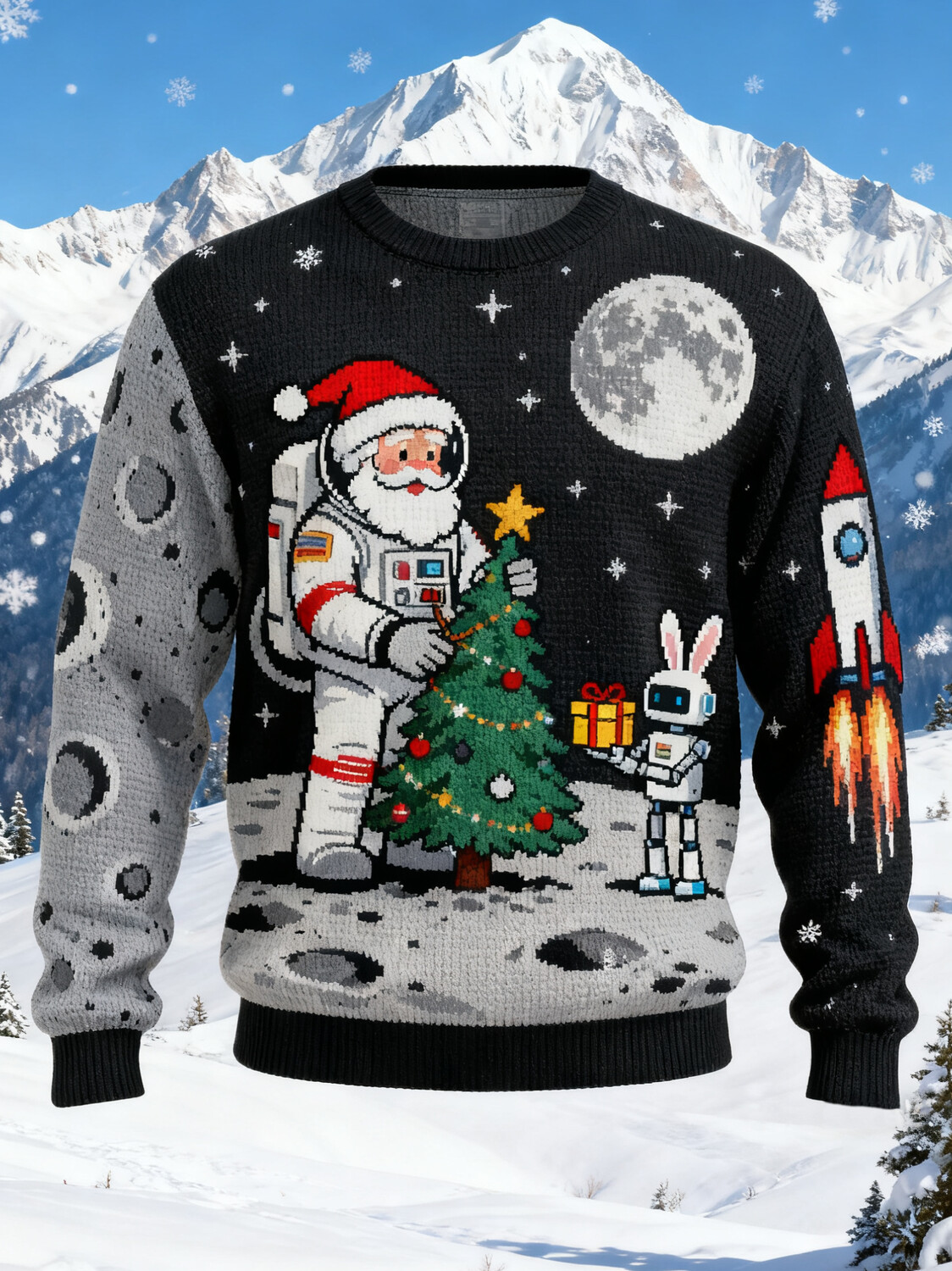 Men's Christmas Astronaut Santa on Moon Print Knit Sweatshirt