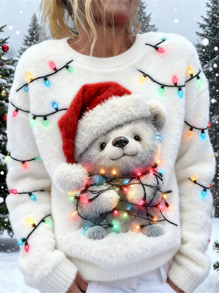Women's Teddy Bear Christmas Lights Print Flannel Sweatshirt