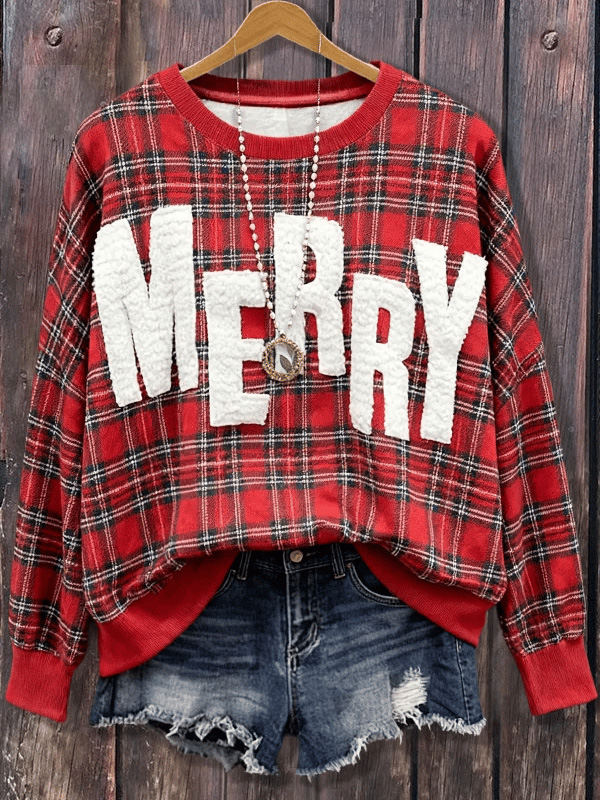 Women's Merry Christmas Plaid Print Casual Sweatshirt