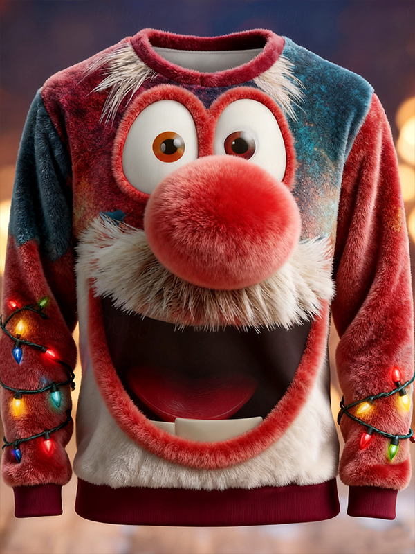 Men's 3D Funny Face And Colorful Light Strips Print Casual Flannel Sweatshirt