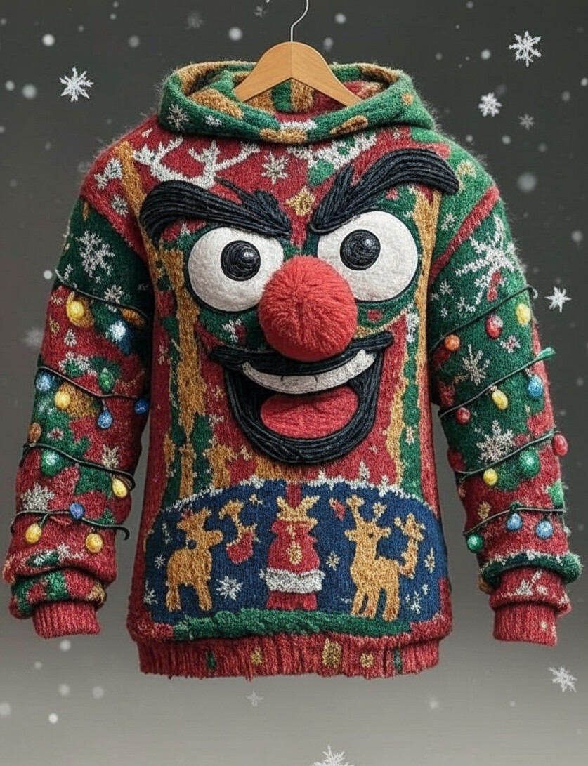 Men's Christmas Fun Smiley Face Print Knit Hoodie
