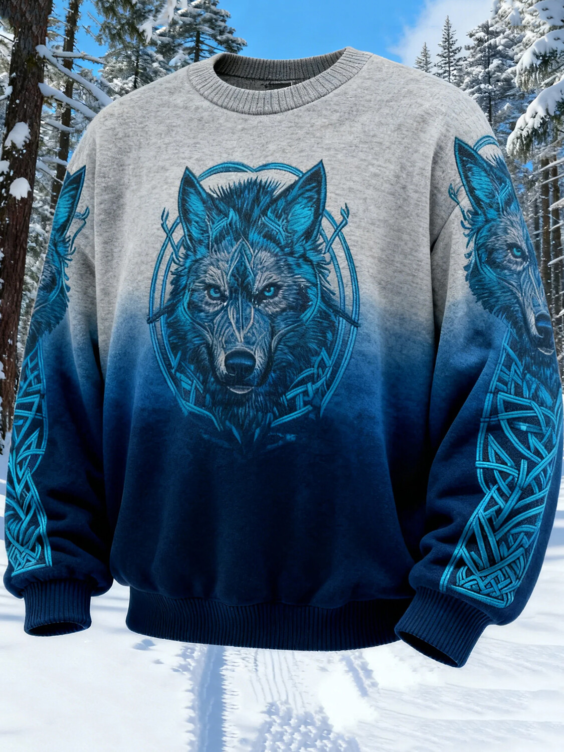 Men's Viking Wolf Head Pattern Gradient Art Print Casual Sweatshirt