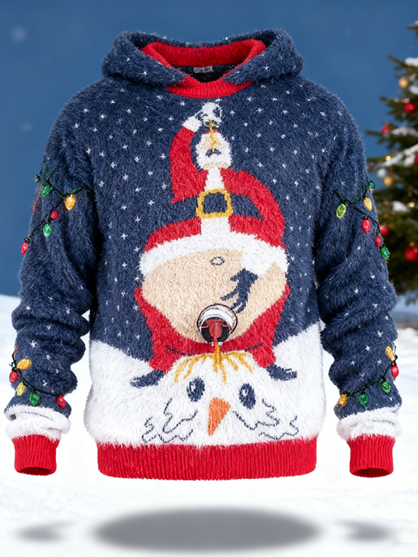 Men's Fun Santa Claus And Snowman Art Print Flannel Hoodie
