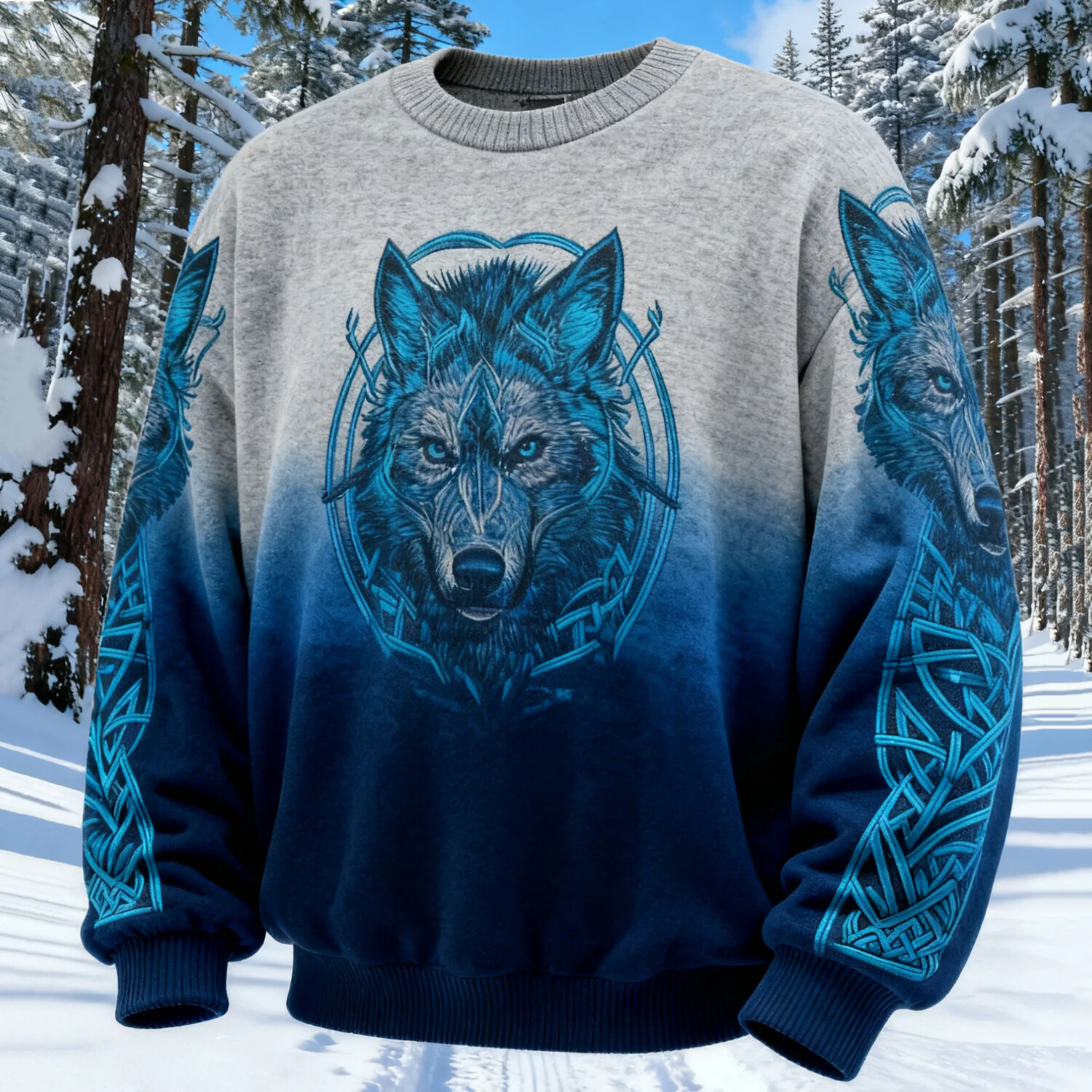 Men's Viking Wolf Head Pattern Gradient Art Print Casual Sweatshirt