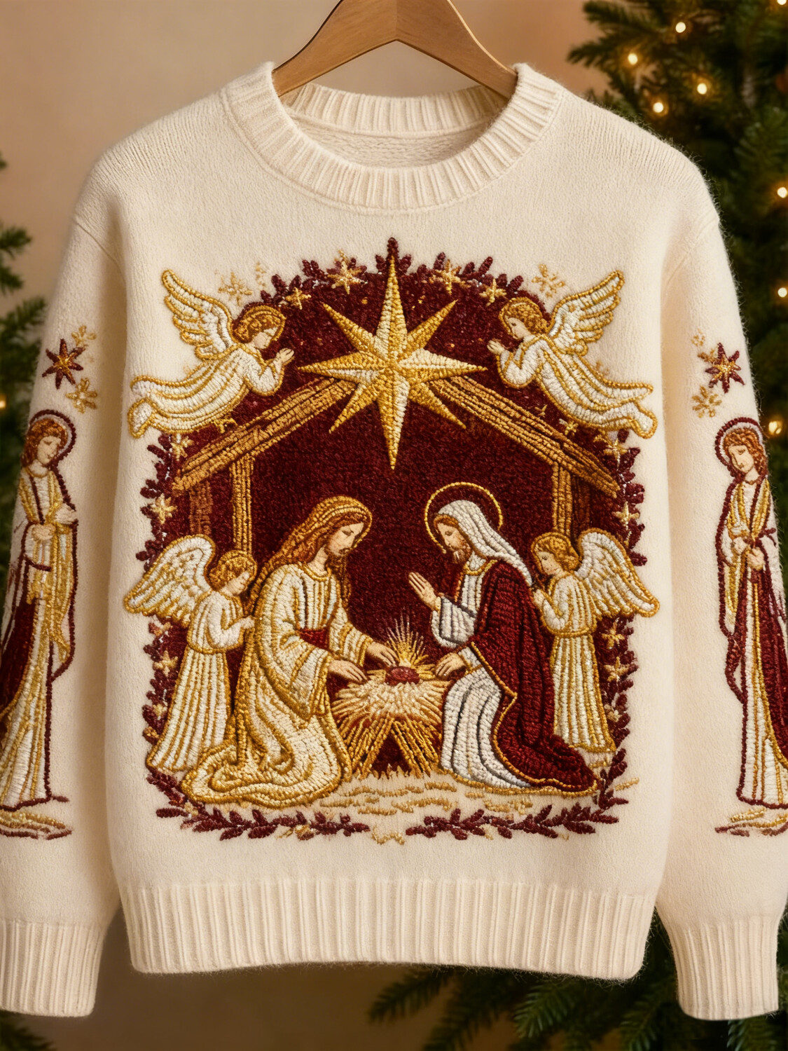 Men's Christmas Jesus and Our Lady Art Print Knit Sweatshirt