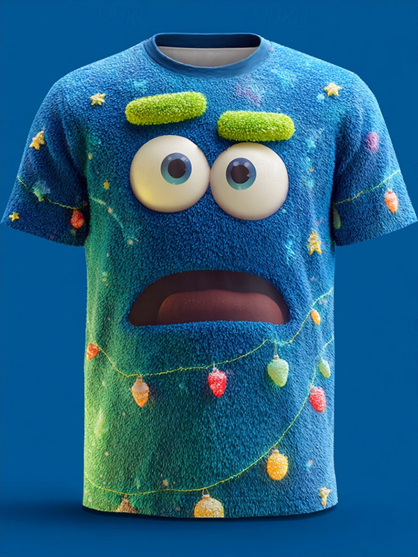 Men's 3D Cute Cartoon Faces And Christmas Lights Print T-Shirt