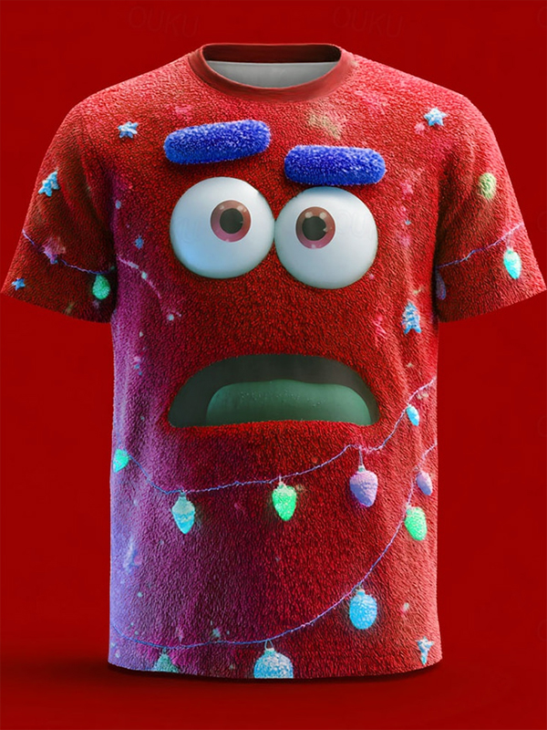 Men's 3D Cute Cartoon Faces And Christmas Lights Print T-Shirt