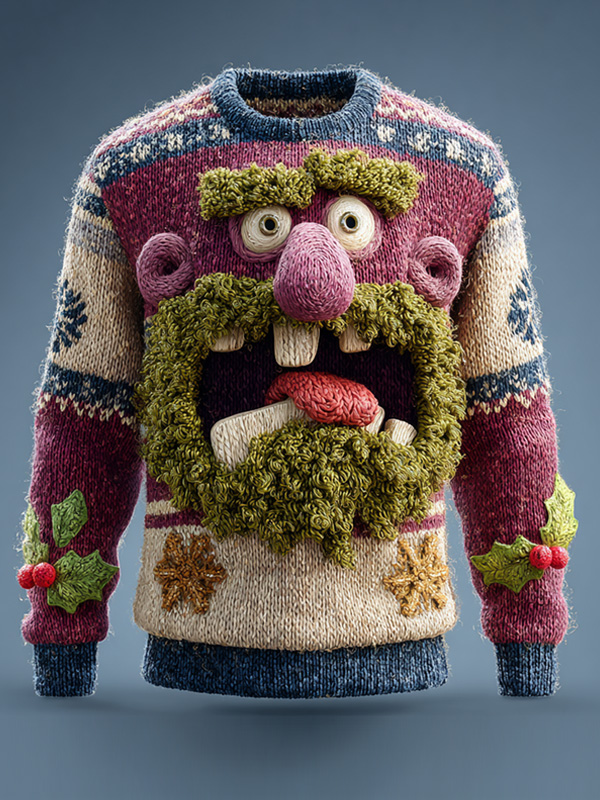 Men's Ugly Monsters Christmas Art Print Knit Sweatshirt