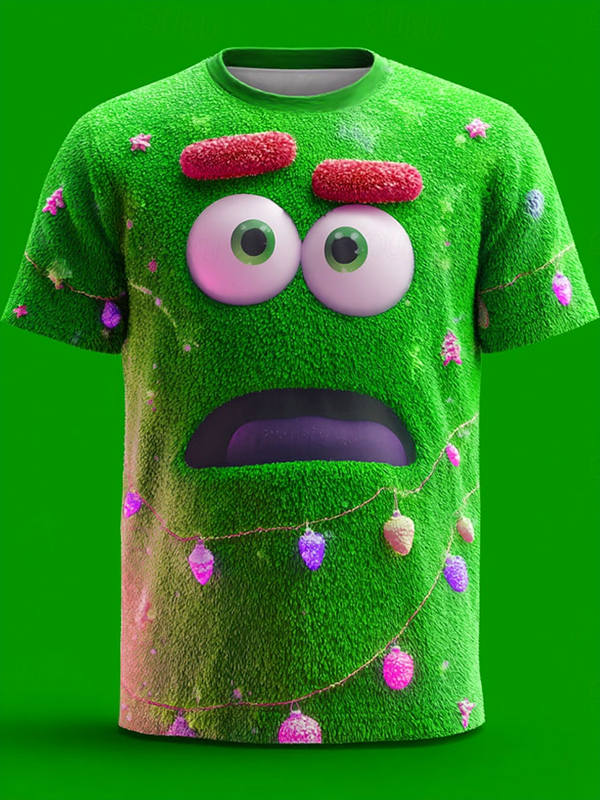 Men's 3D Cute Cartoon Faces And Christmas Lights Print T-Shirt