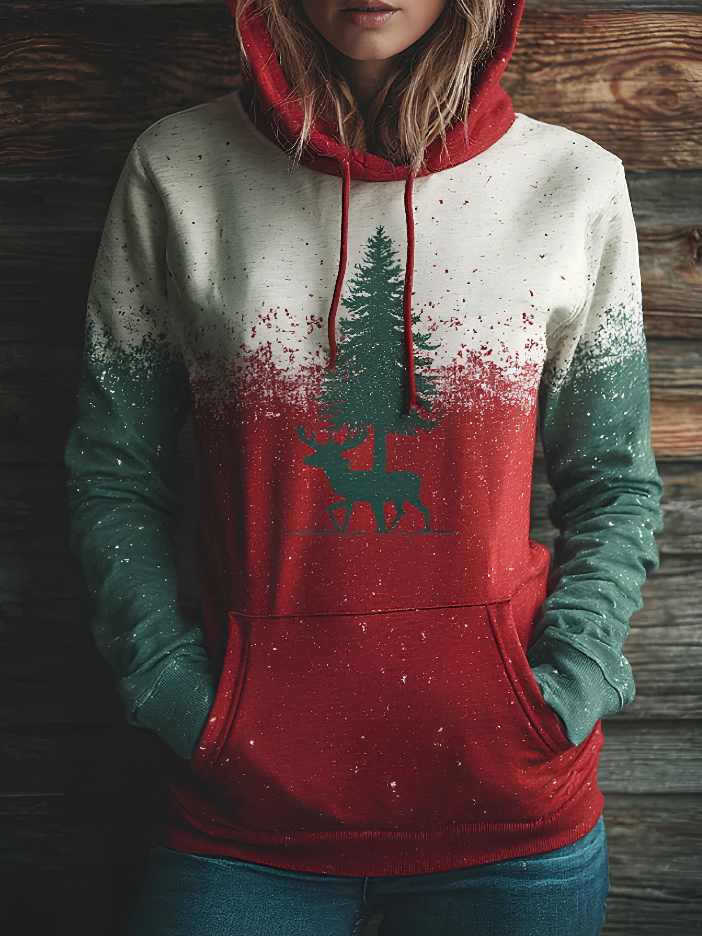 Women's Color Block Christmas Tree Reindeer Art Print Hoodie