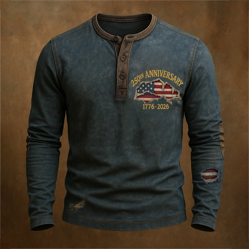 US Vintage 250th Anniversary Print Long Sleeve Henley