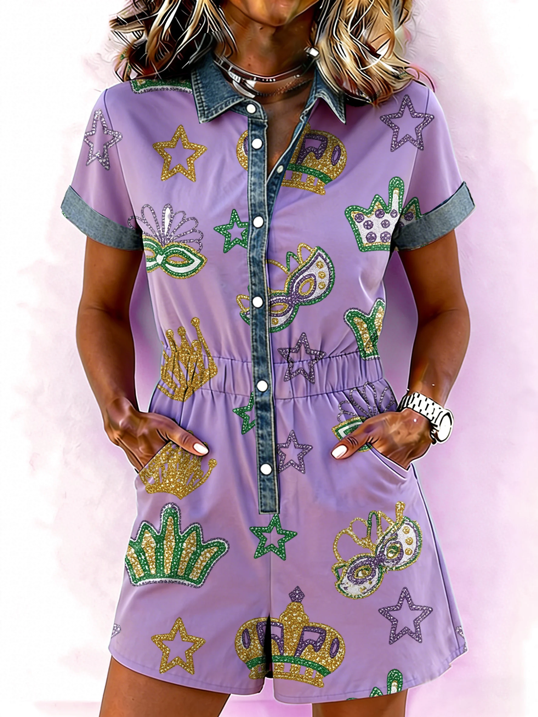 Women's casual Mardi Gras crown print jumpsuit
