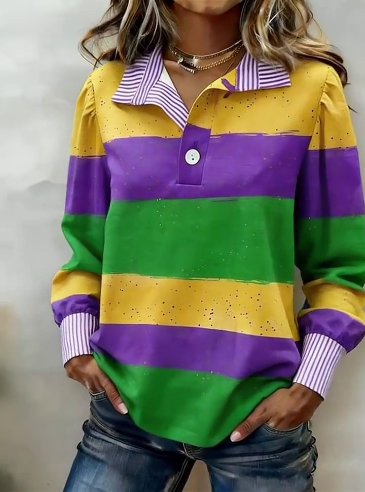 Women'S Casual Color-Block Patchwork Top With Ruffle Trim