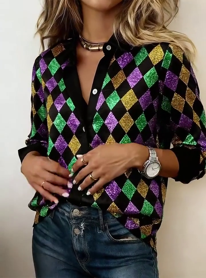 Women'S Casual Lapel Color-Block Printed Shirt