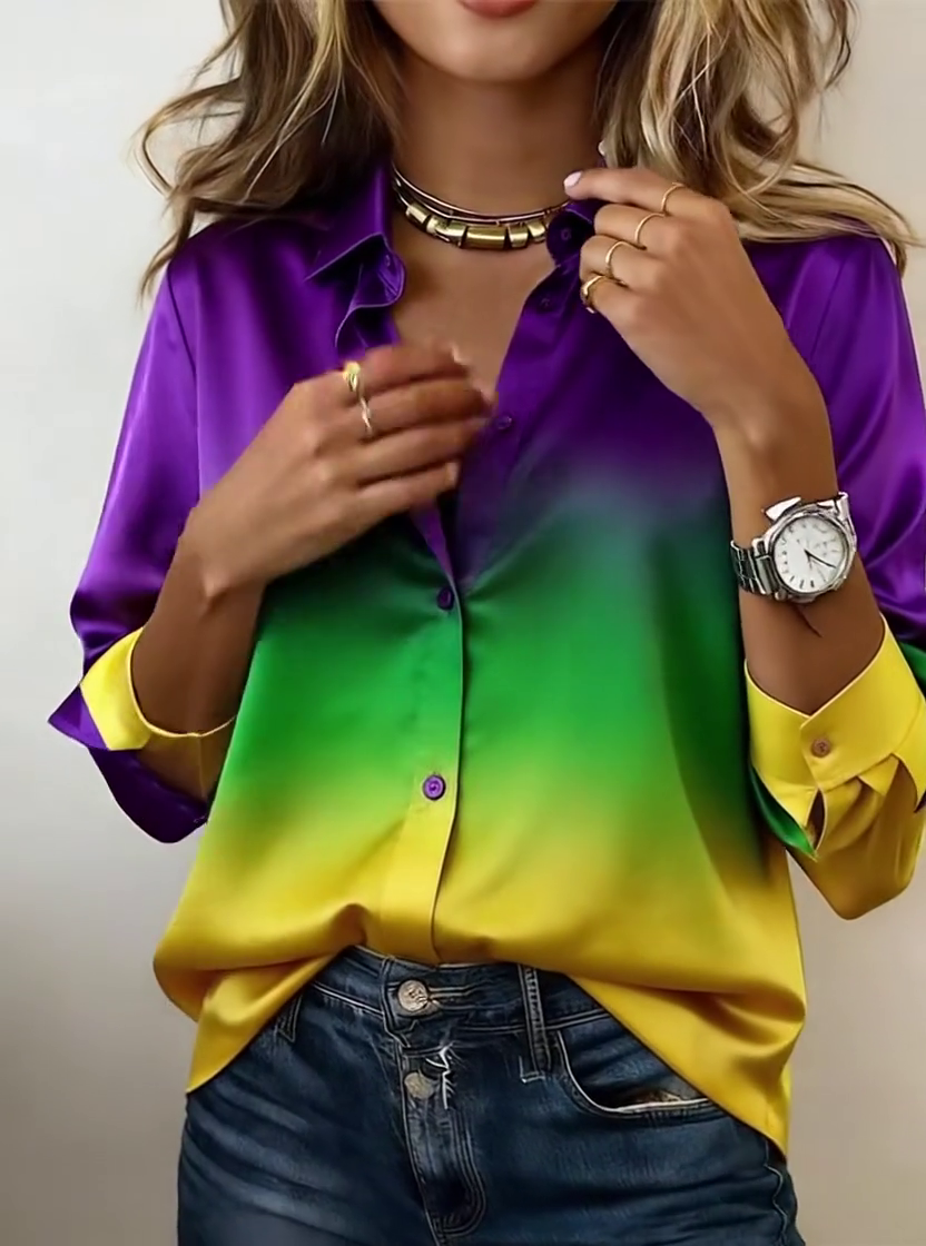 Women'S Casual Lapel Color-Block Printed Shirt