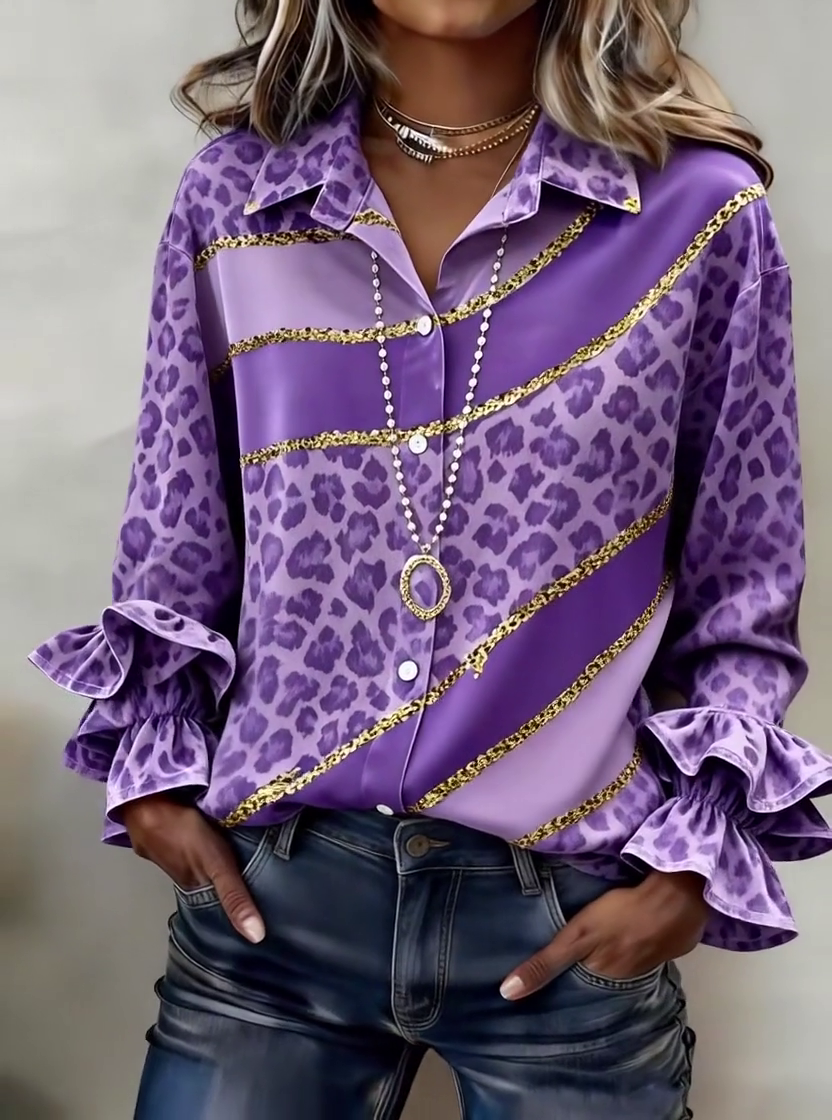 Women'S Casual Printed Shirt With Ruffle Sleeves