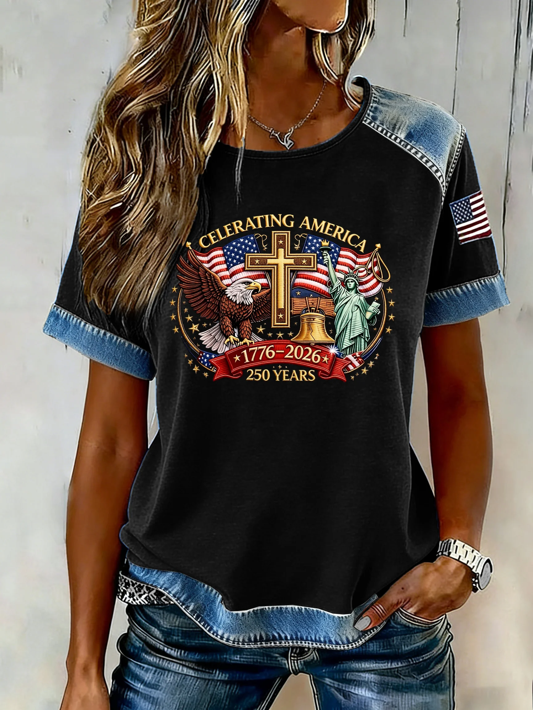 Women's casual retro American 250th anniversary T-shirt