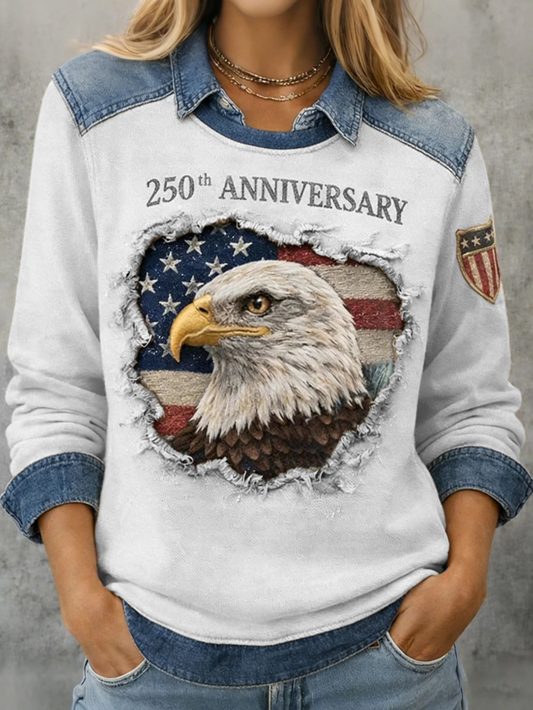 Women'S Casual American 250th Anniversary Printed Denim Patchwork Sweatshirt