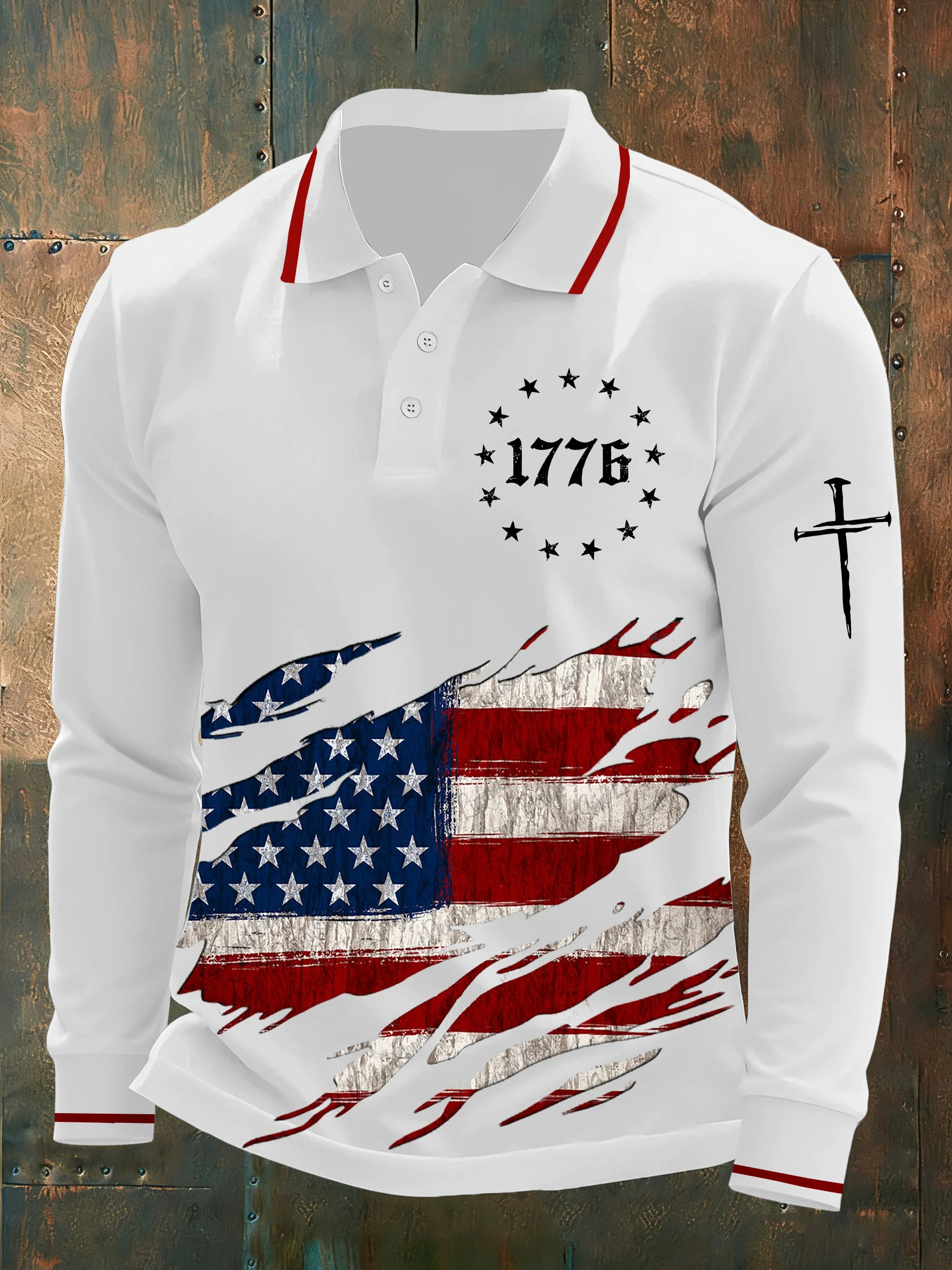 Men's Vintage Flag Faith Cross Printed Casual Long-Sleeved Polo Shirt
