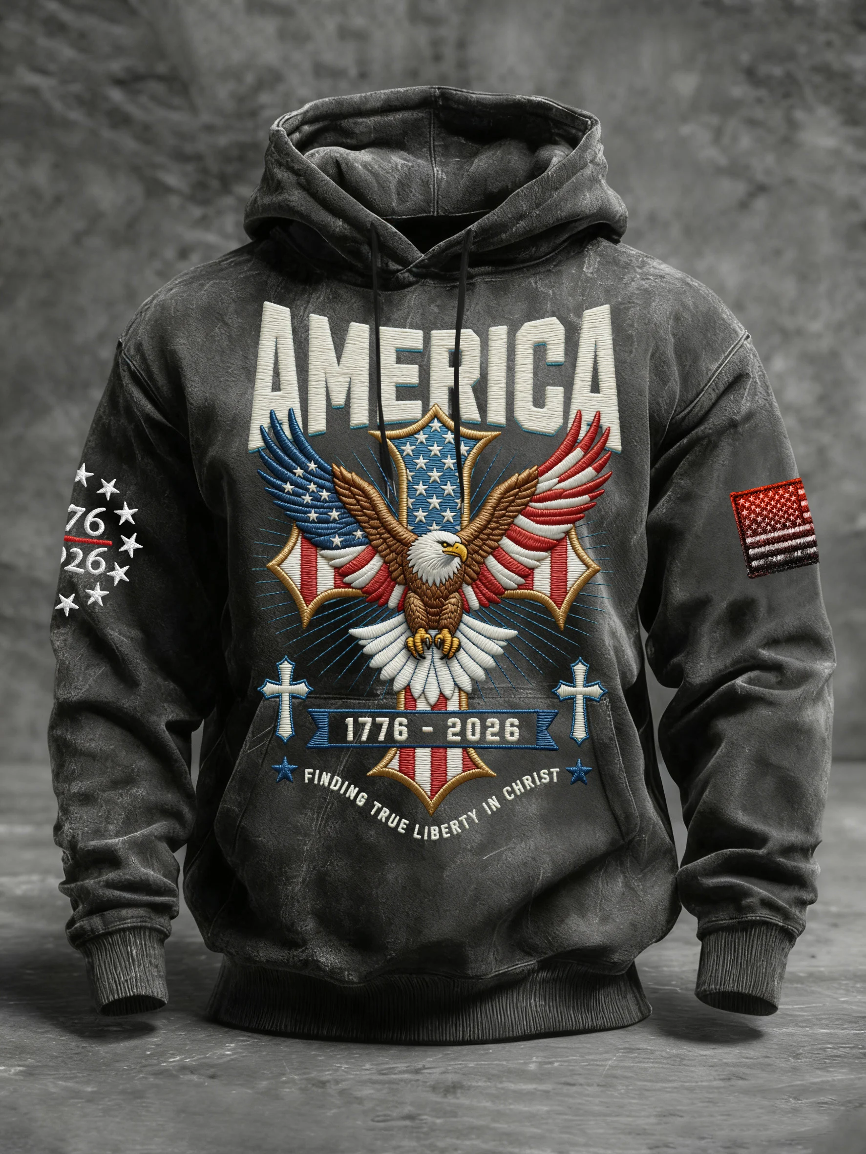 Men's Vintage American Flag Print Hooded Sweatshirt
