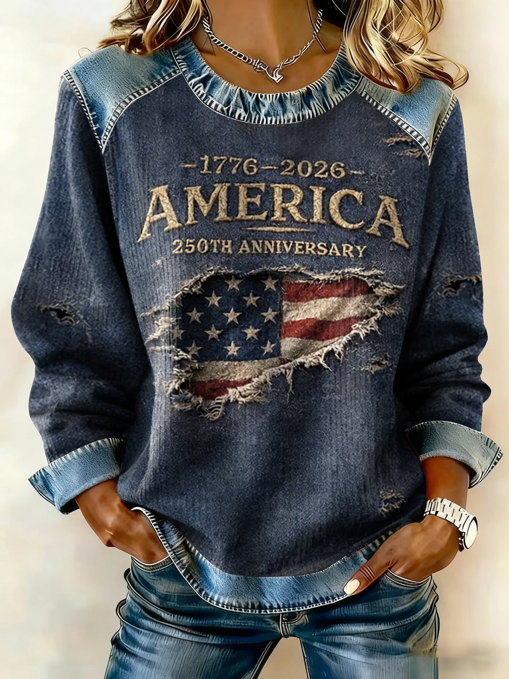 Women'S Casual American 250th Anniversary Print Sweatshirt