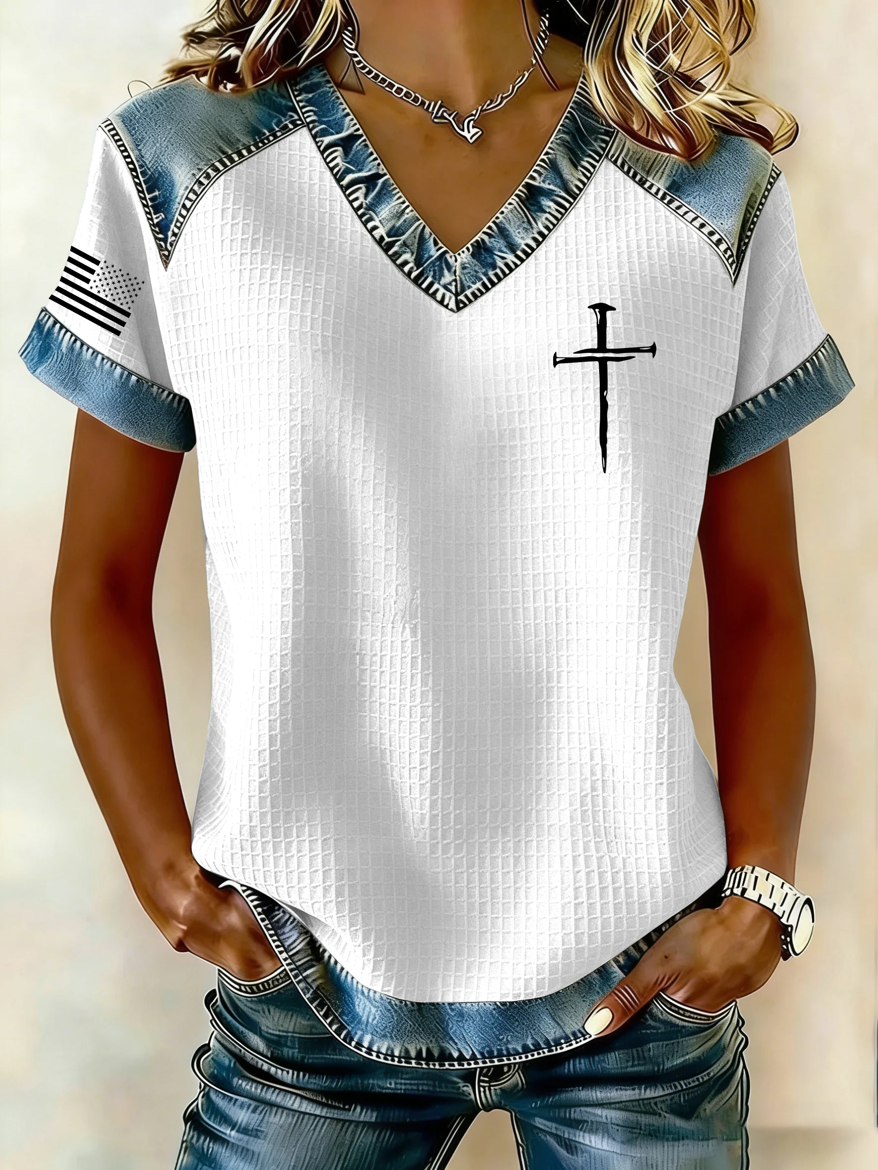 Women's Retro Faith Print Casual Waffle Knit Short-Sleeved T-Shirt