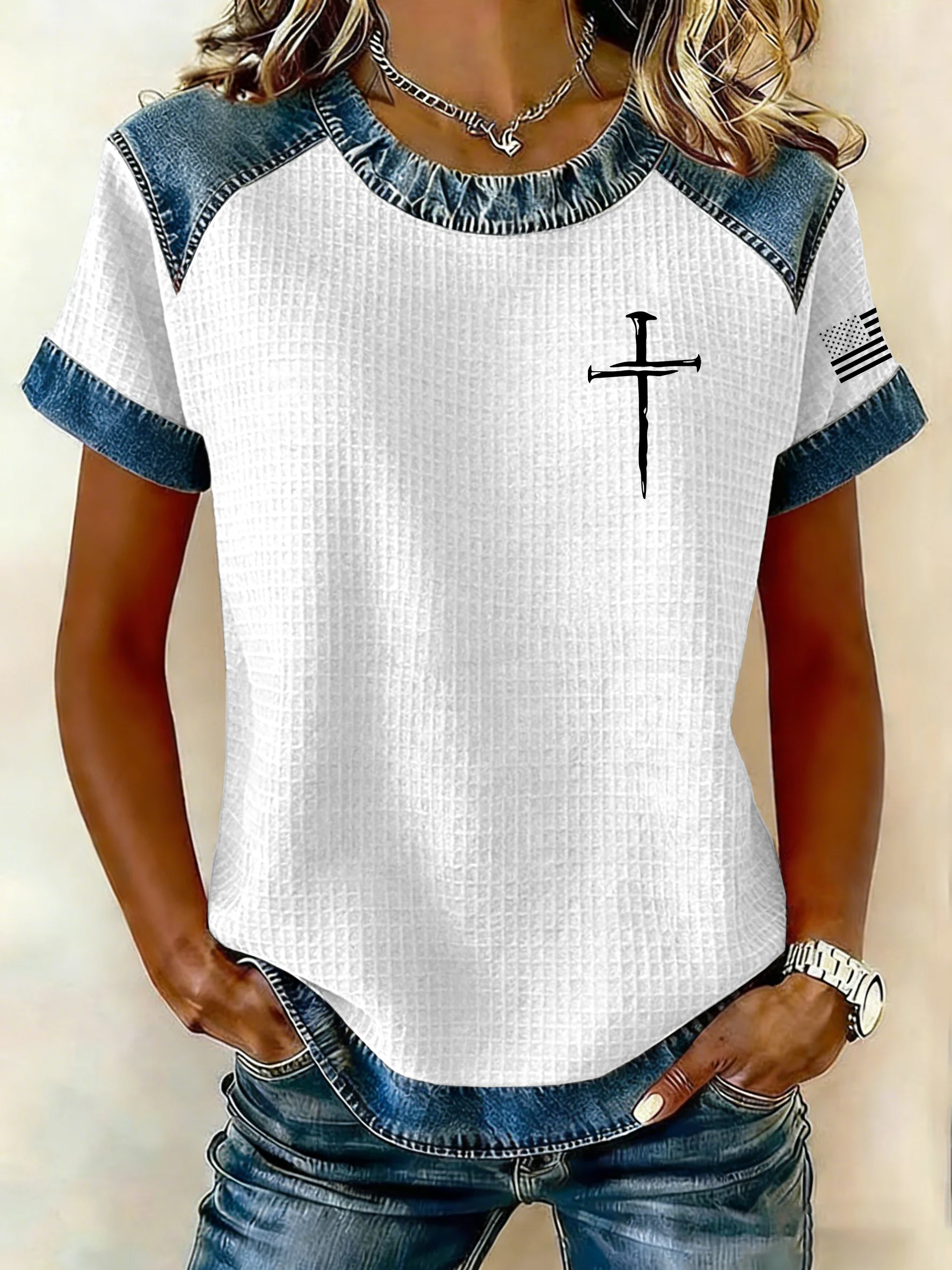 Women's Retro Faith Print Casual Waffle Knit Short-Sleeved T-Shirt