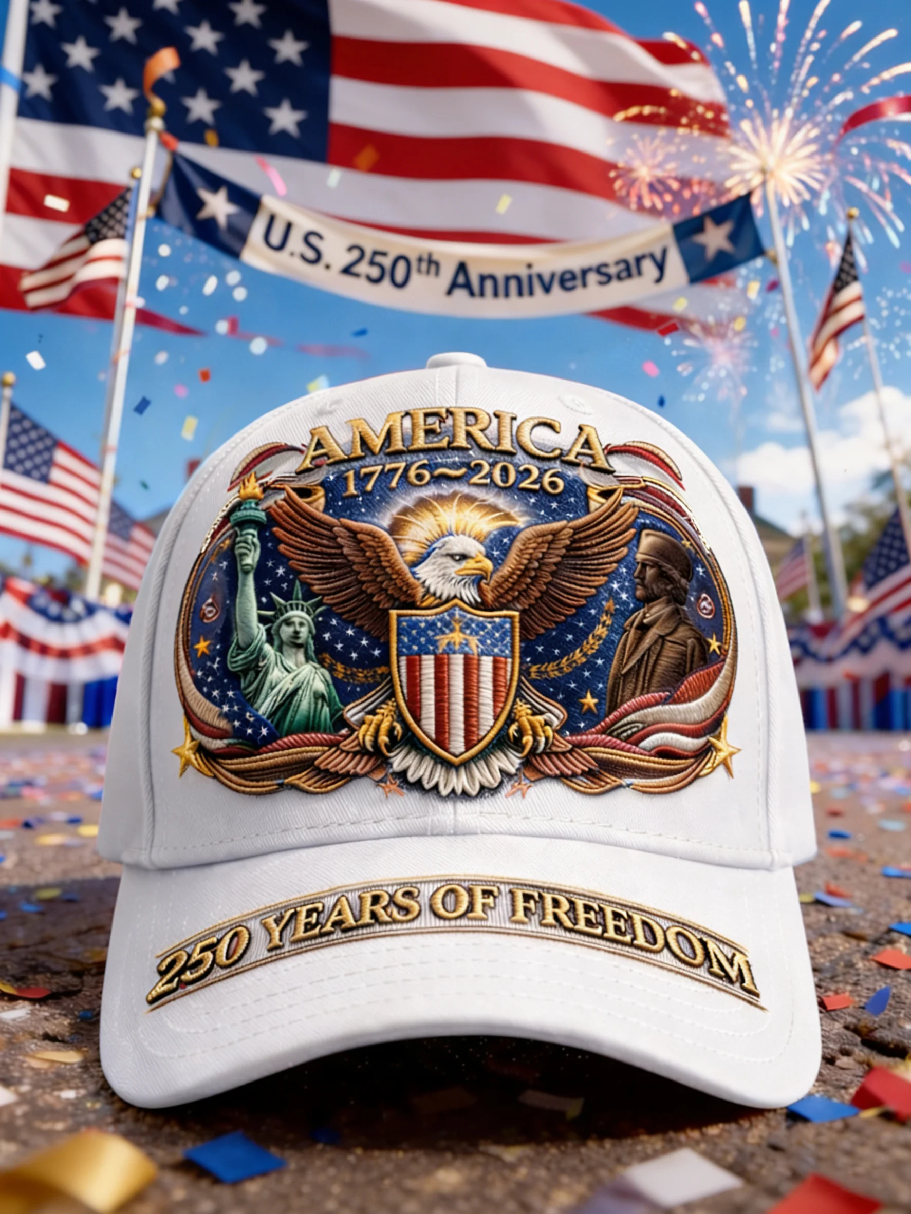 Unisex casual hat with a 250th anniversary of the United States commemorative print.